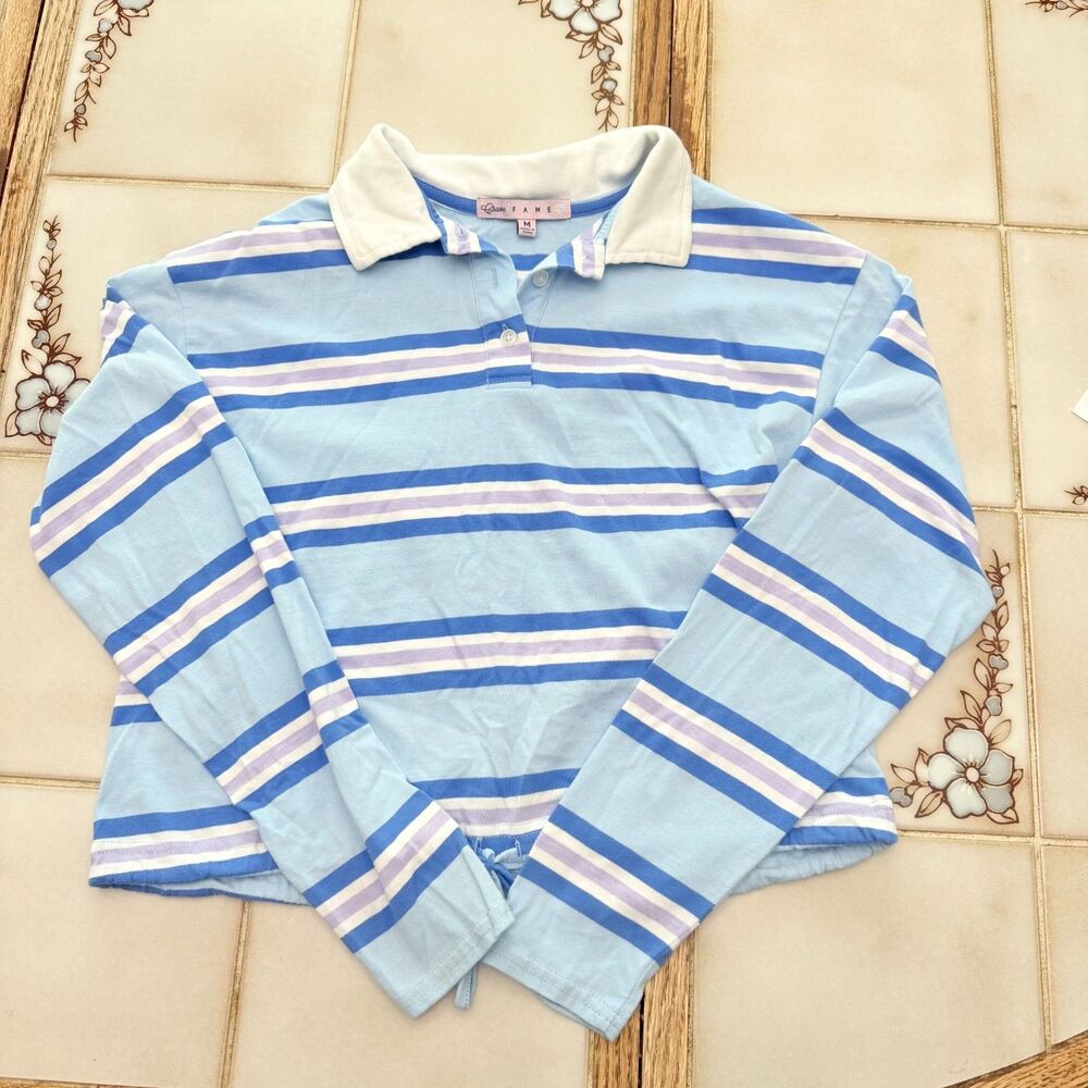 Y2K Millennial Stripped Polo Crop Top Blue/lilic Long Sleeve Tie Hem Women MD